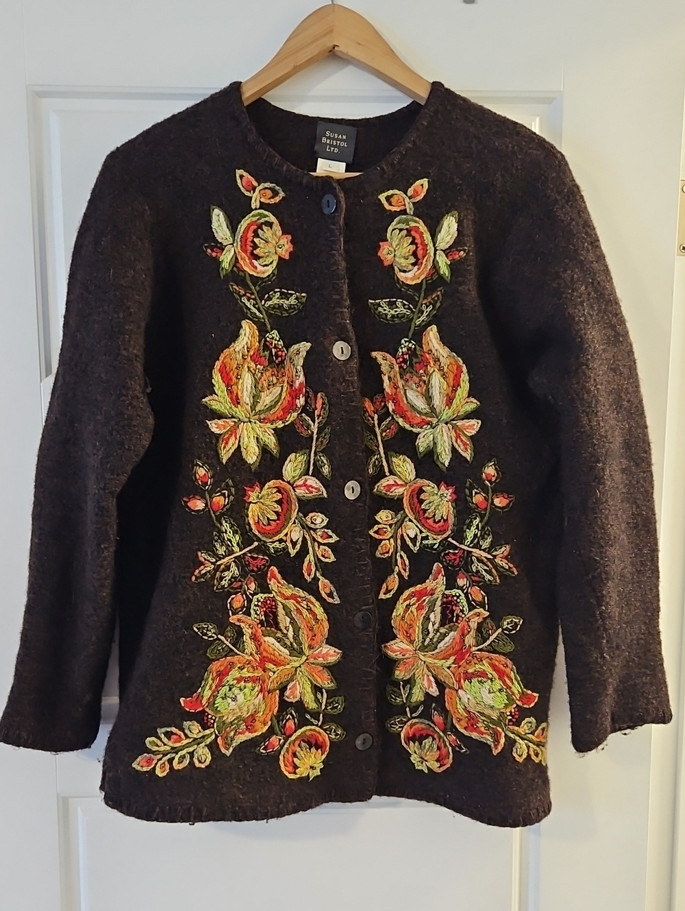 Vintage Susan Bristol Brown Embroidered Floral Wool Cardigan